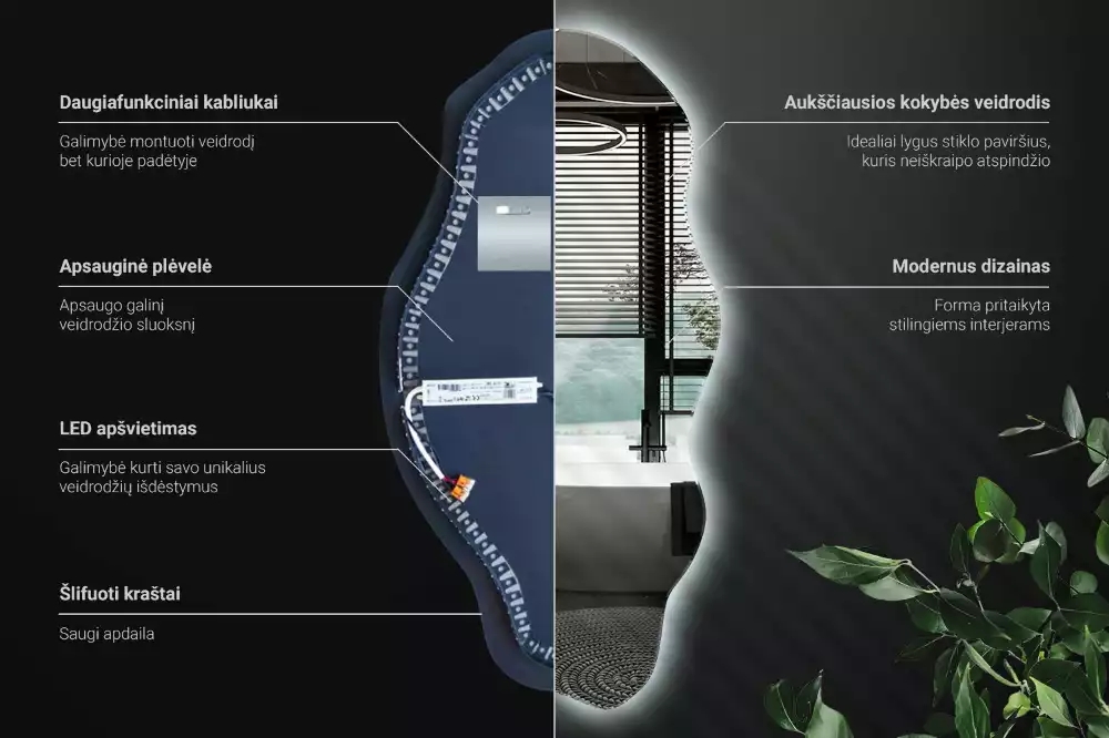 Nepravidelne zrkadlo s podsvietením LED škvrna
