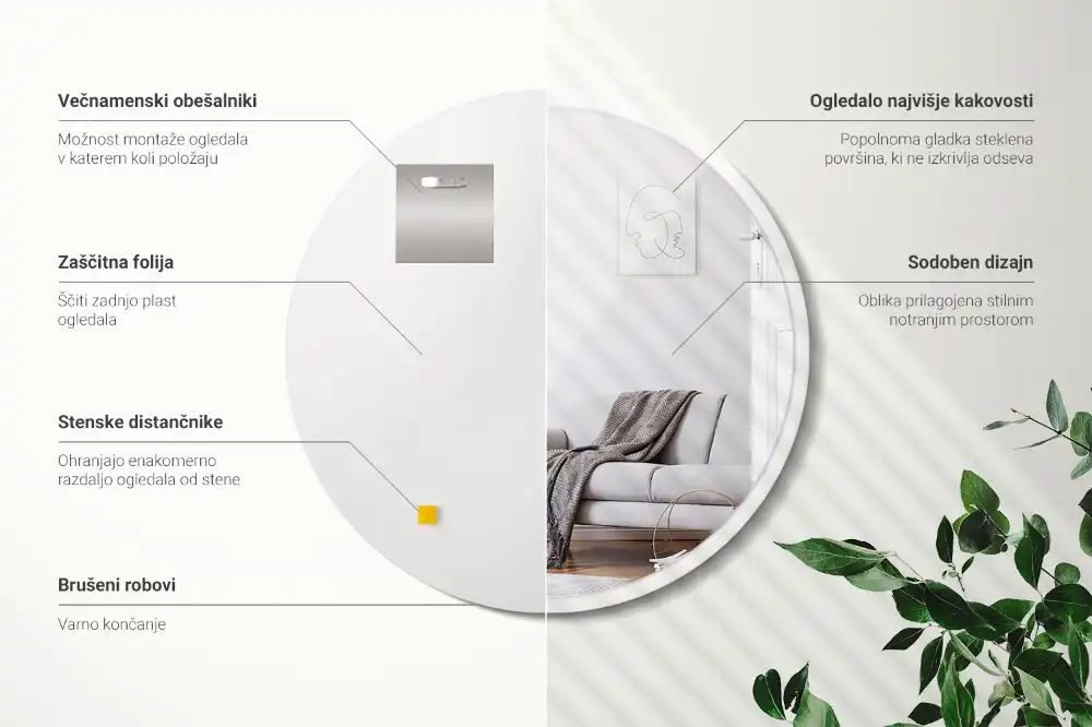 Okrúhle zrkadlo visiace v bielom ráme