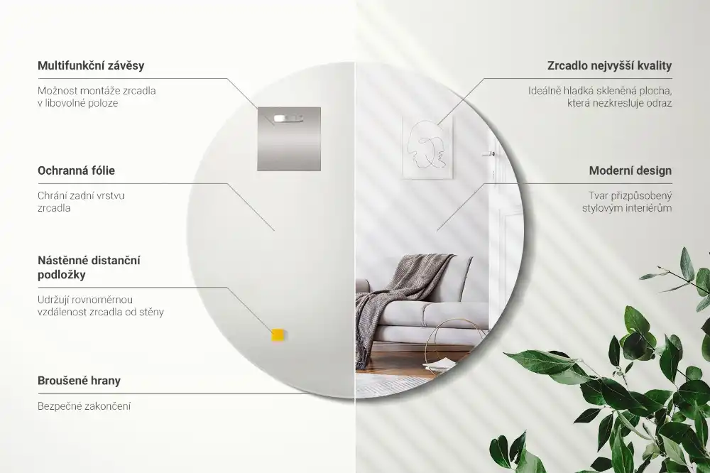 Okrúhle zrkadlo na stenu bez rámu