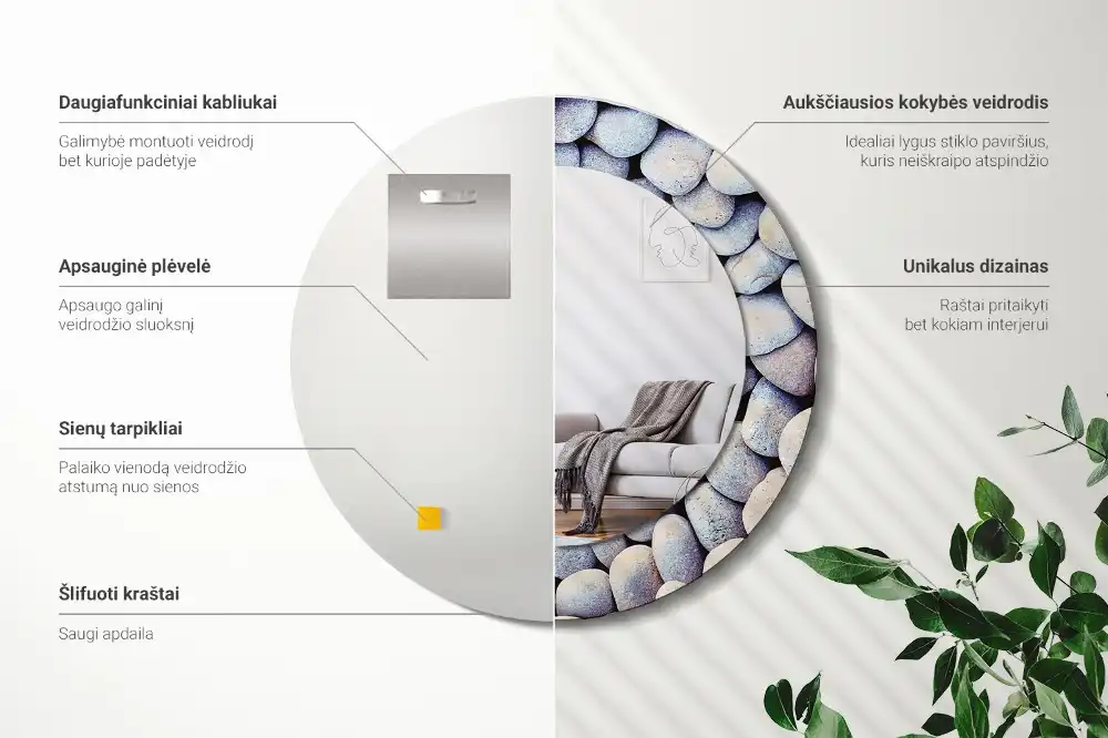 Okrúhle zrkadlo s potlačeným rámom Kruh z morských kameňov