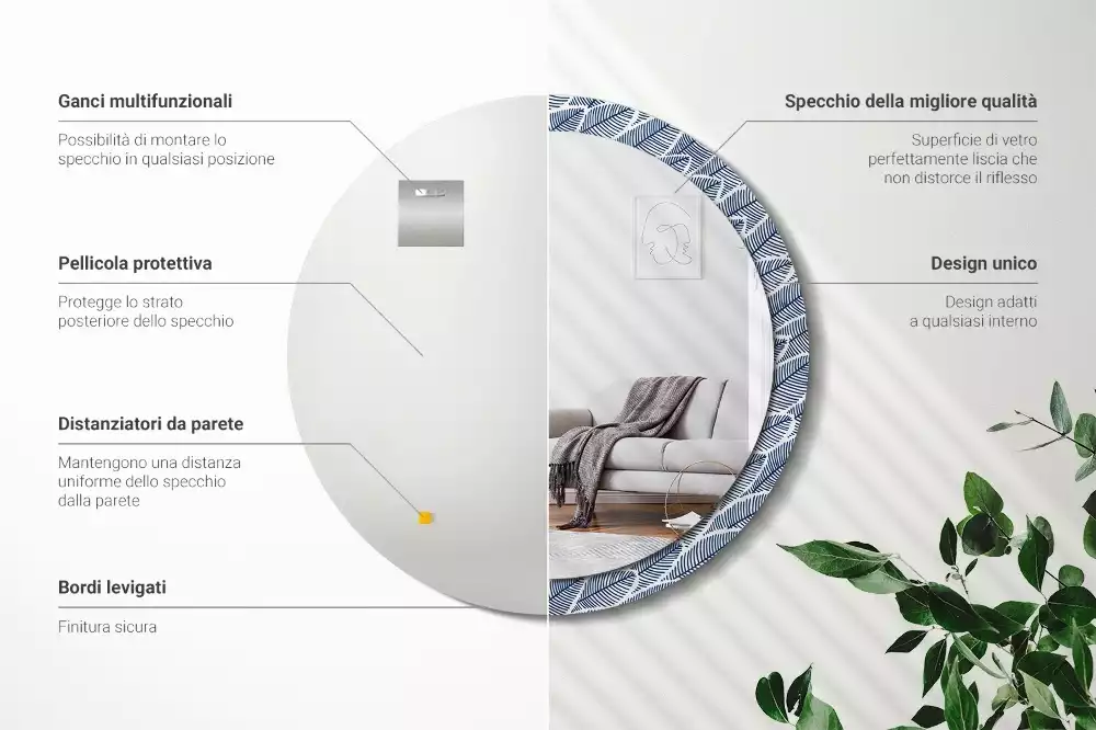 Okrúhle dekoračné zrkadlo na stenu Listy