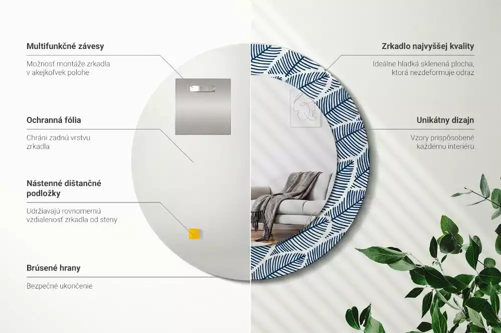 Okrúhle dekoračné zrkadlo na stenu Listy