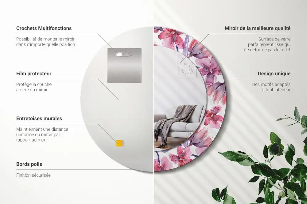 Okrúhle zrkadlo rám s potlačou Akvarelové kvety