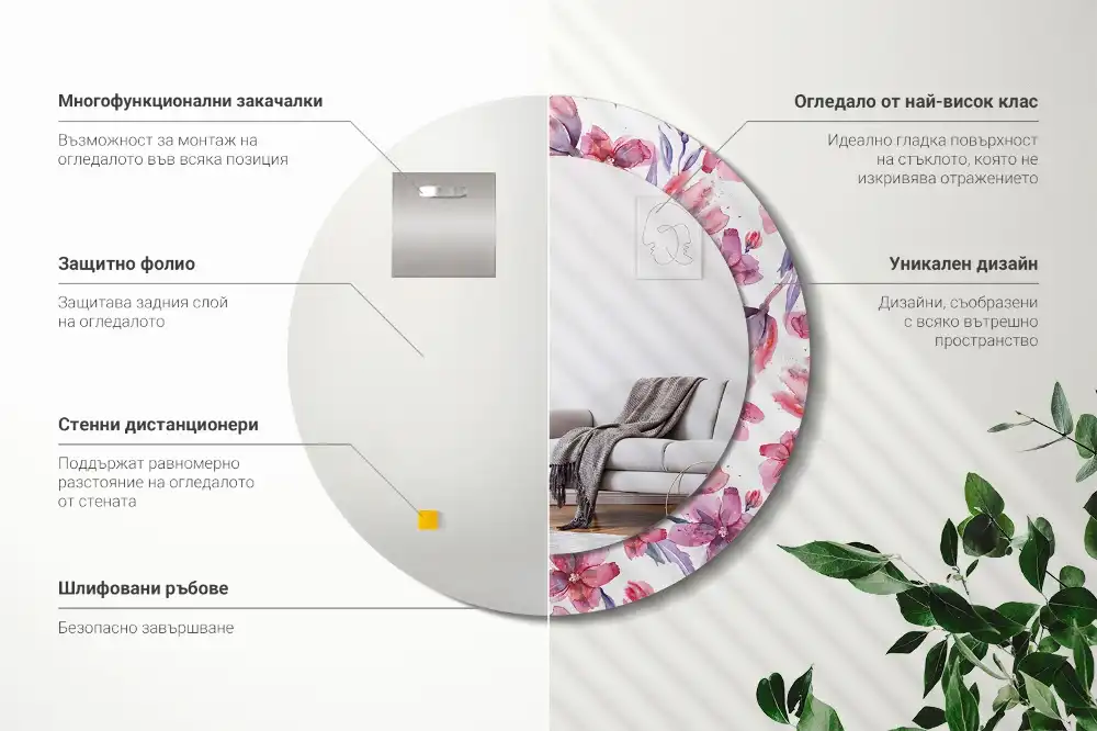 Okrúhle zrkadlo rám s potlačou Akvarelové kvety