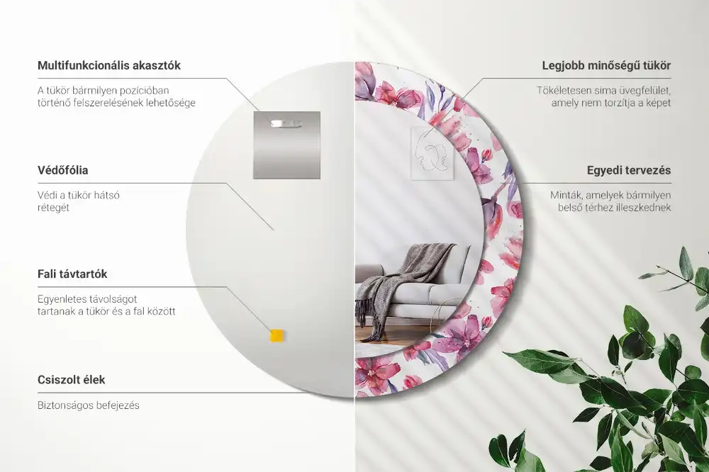 Okrúhle zrkadlo rám s potlačou Akvarelové kvety