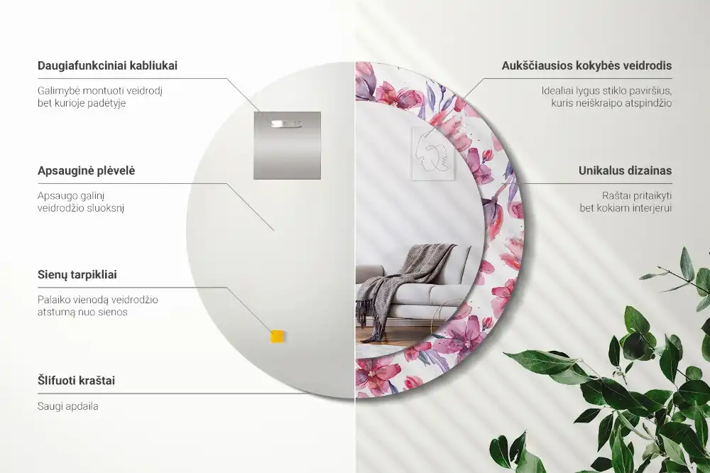 Okrúhle zrkadlo rám s potlačou Akvarelové kvety