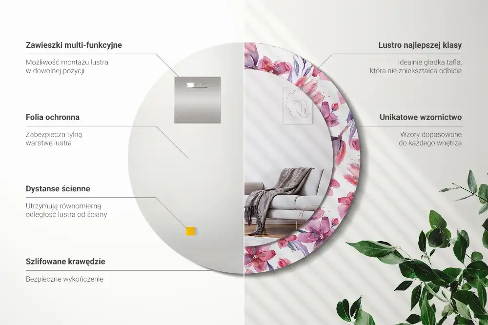 Okrúhle zrkadlo rám s potlačou Akvarelové kvety