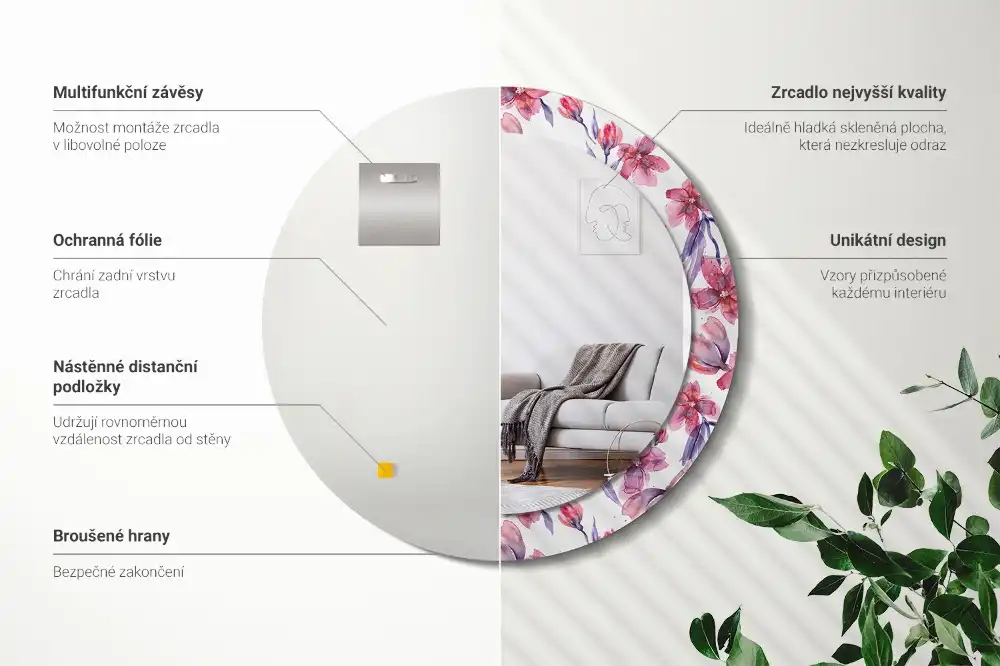 Okrúhle zrkadlo rám s potlačou Akvarelové kvety