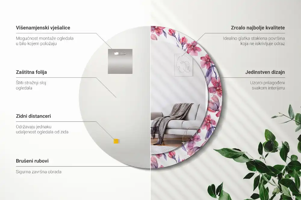 Okrúhle zrkadlo rám s potlačou Akvarelové kvety