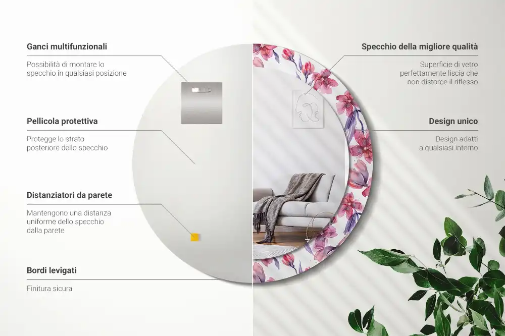 Okrúhle zrkadlo rám s potlačou Akvarelové kvety