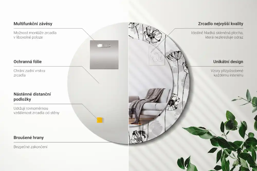 Okrúhle zrkadlo rám s potlačou Makové kvety