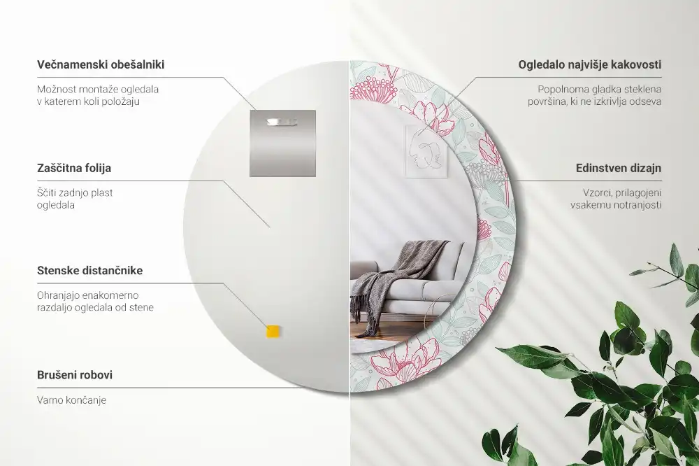 Okrúhle dekoračné zrkadlo na stenu Kvety
