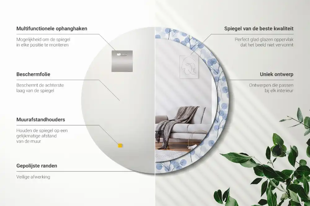 Okrúhle zrkadlo rám s potlačou Konáre listy