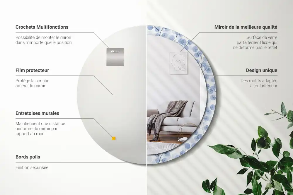 Okrúhle zrkadlo rám s potlačou Konáre listy