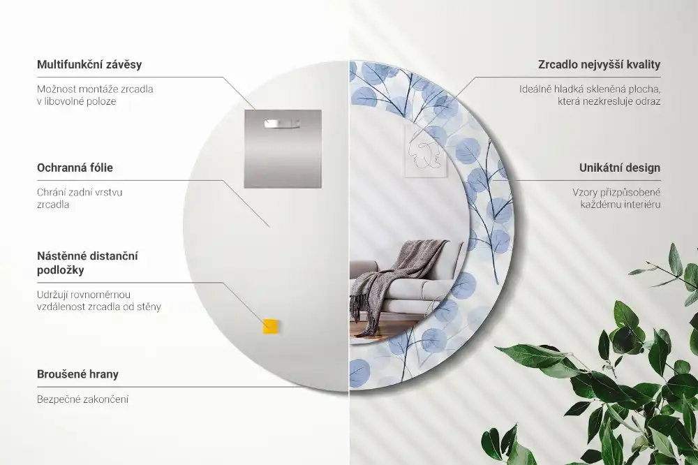 Okrúhle zrkadlo rám s potlačou Konáre listy