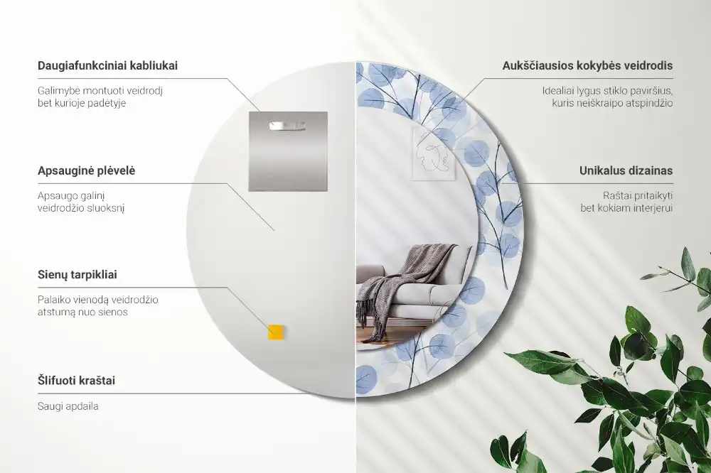 Okrúhle zrkadlo rám s potlačou Konáre listy