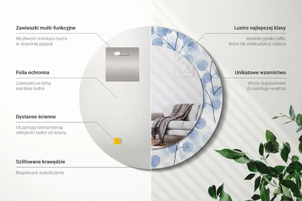 Okrúhle zrkadlo rám s potlačou Konáre listy