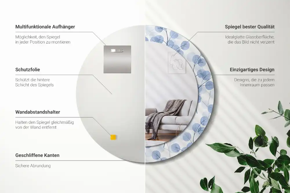 Okrúhle zrkadlo rám s potlačou Konáre listy