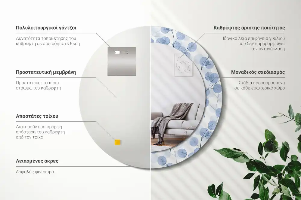 Okrúhle zrkadlo rám s potlačou Konáre listy