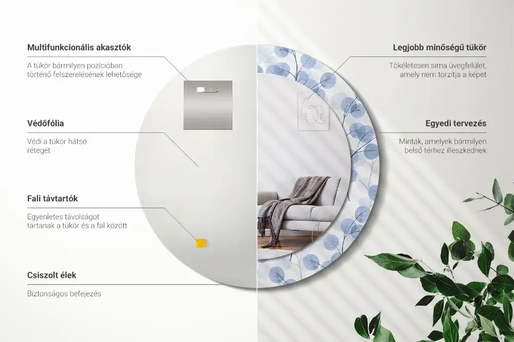 Okrúhle zrkadlo rám s potlačou Konáre listy