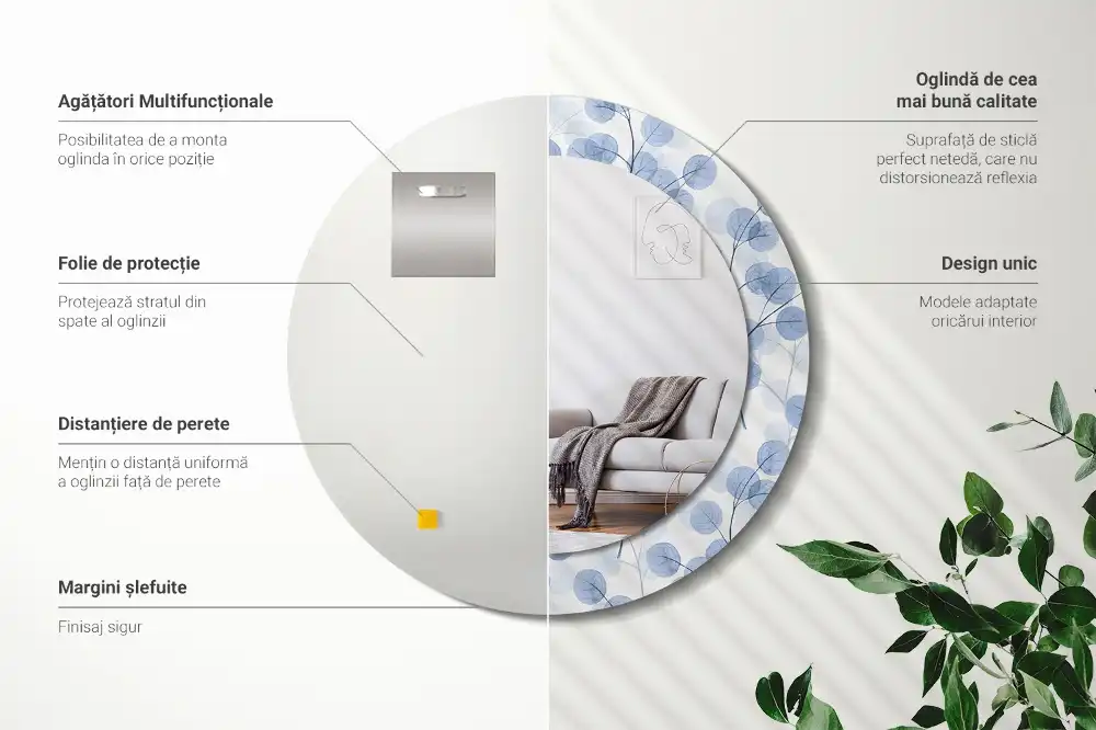 Okrúhle zrkadlo rám s potlačou Konáre listy