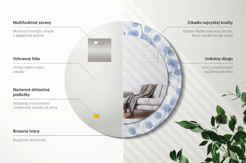 Okrúhle zrkadlo rám s potlačou Konáre listy