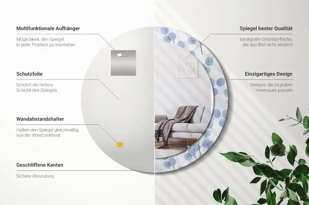 Okrúhle zrkadlo rám s potlačou Konáre listy