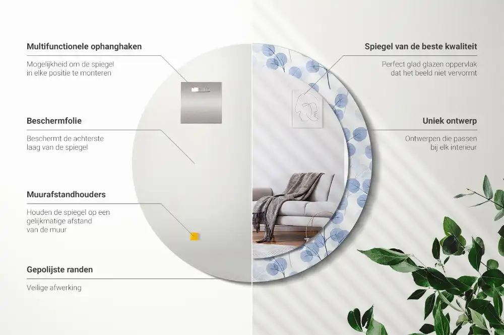 Okrúhle zrkadlo rám s potlačou Konáre listy