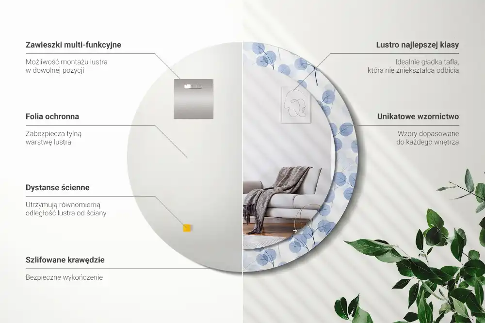 Okrúhle zrkadlo rám s potlačou Konáre listy