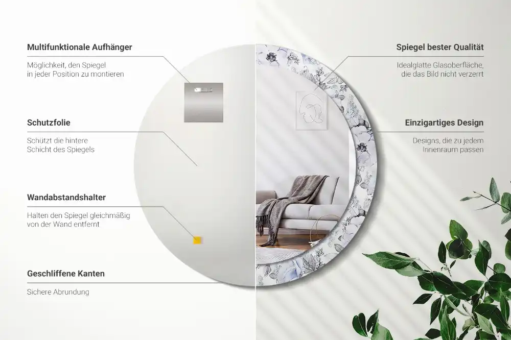 Okrúhle zrkadlo rám s potlačou Modré ruže