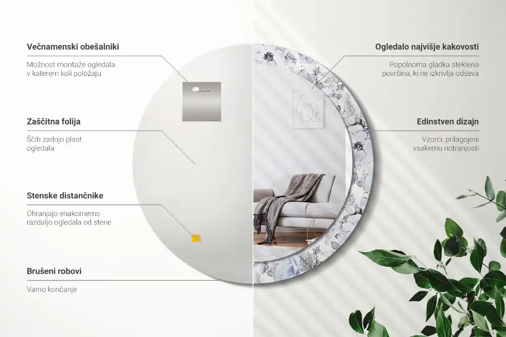 Okrúhle zrkadlo rám s potlačou Modré ruže