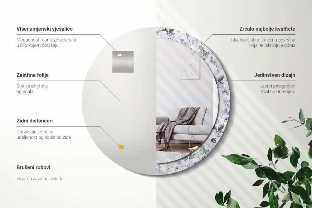 Okrúhle zrkadlo rám s potlačou Modré ruže