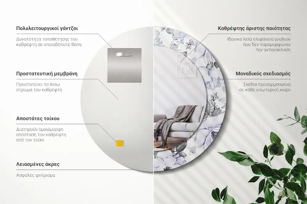 Okrúhle zrkadlo rám s potlačou Modré ruže