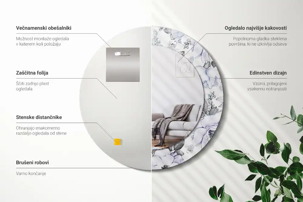 Okrúhle zrkadlo rám s potlačou Modré ruže