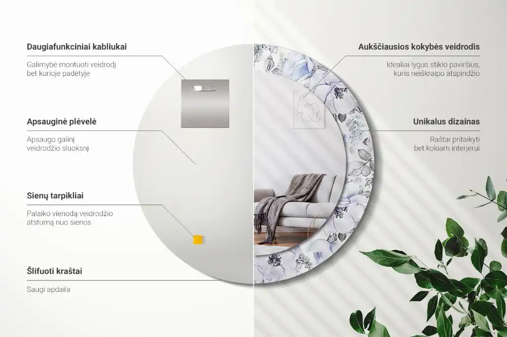 Okrúhle zrkadlo rám s potlačou Modré ruže