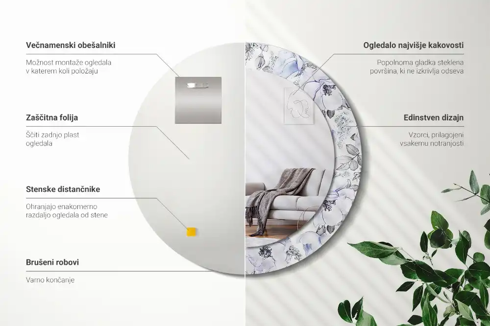 Okrúhle zrkadlo rám s potlačou Modré ruže