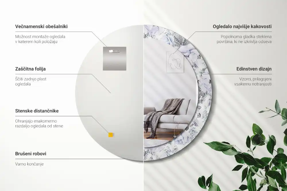 Okrúhle zrkadlo rám s potlačou Modré ruže