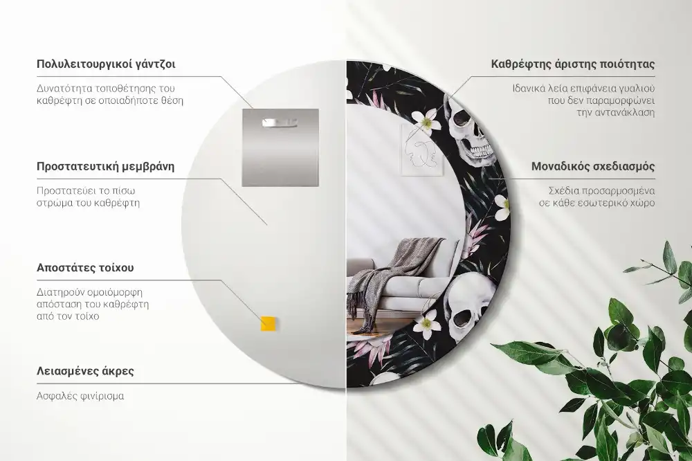 Okrúhle zrkadlo s potlačeným rámom Lebkové kvety