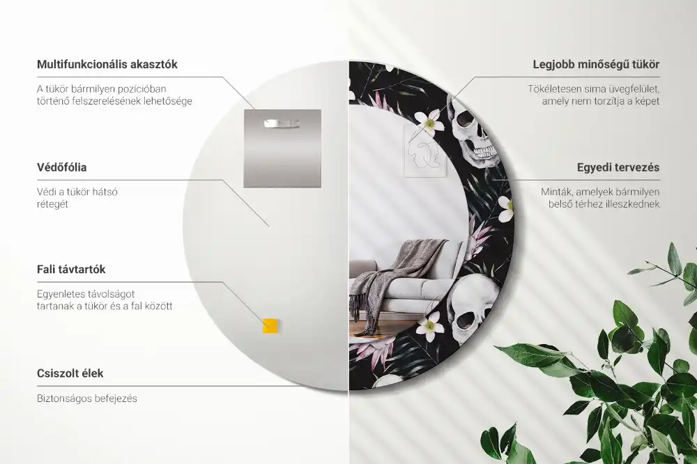 Okrúhle zrkadlo s potlačeným rámom Lebkové kvety