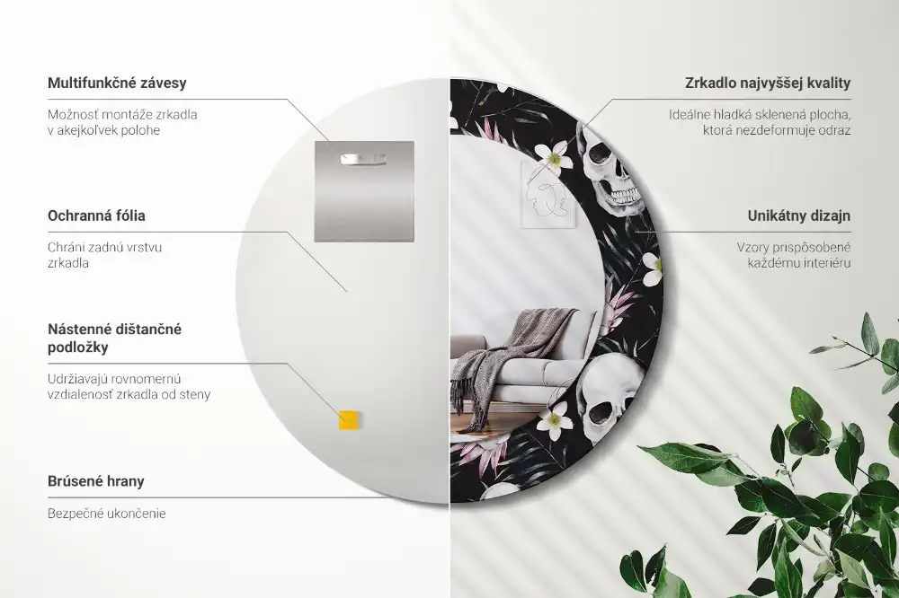 Okrúhle zrkadlo s potlačeným rámom Lebkové kvety