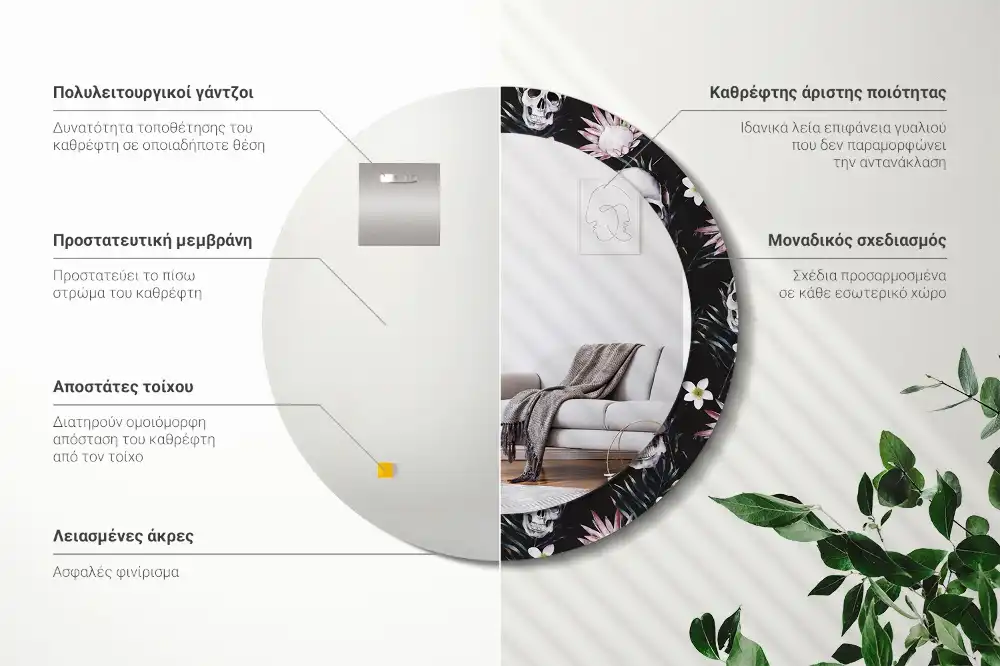 Okrúhle zrkadlo s potlačeným rámom Lebkové kvety