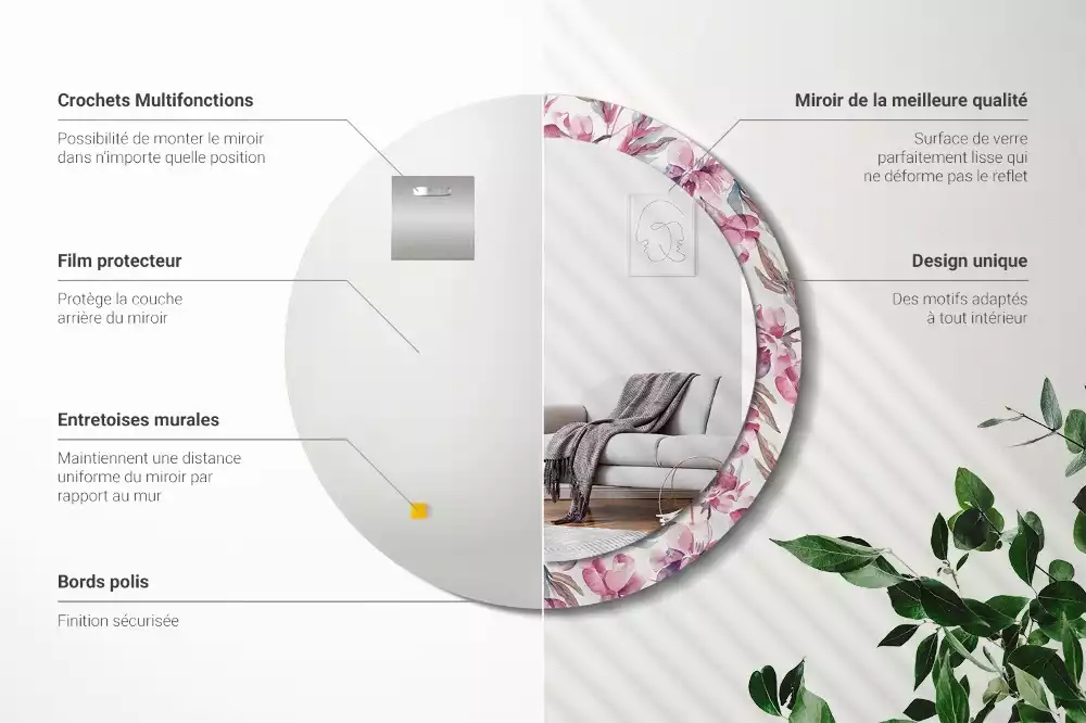 Okrúhle zrkadlo s potlačeným rámom Kvety pivoniek