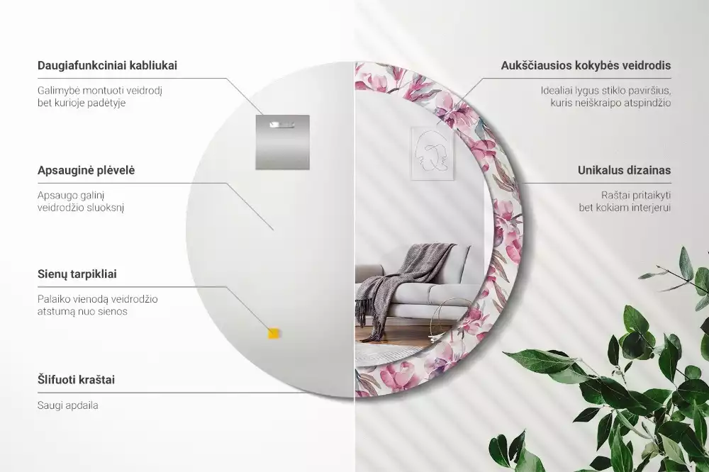 Okrúhle zrkadlo s potlačeným rámom Kvety pivoniek