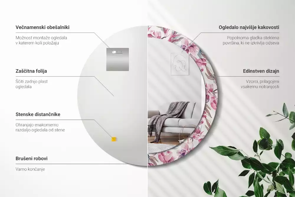 Okrúhle zrkadlo s potlačeným rámom Kvety pivoniek