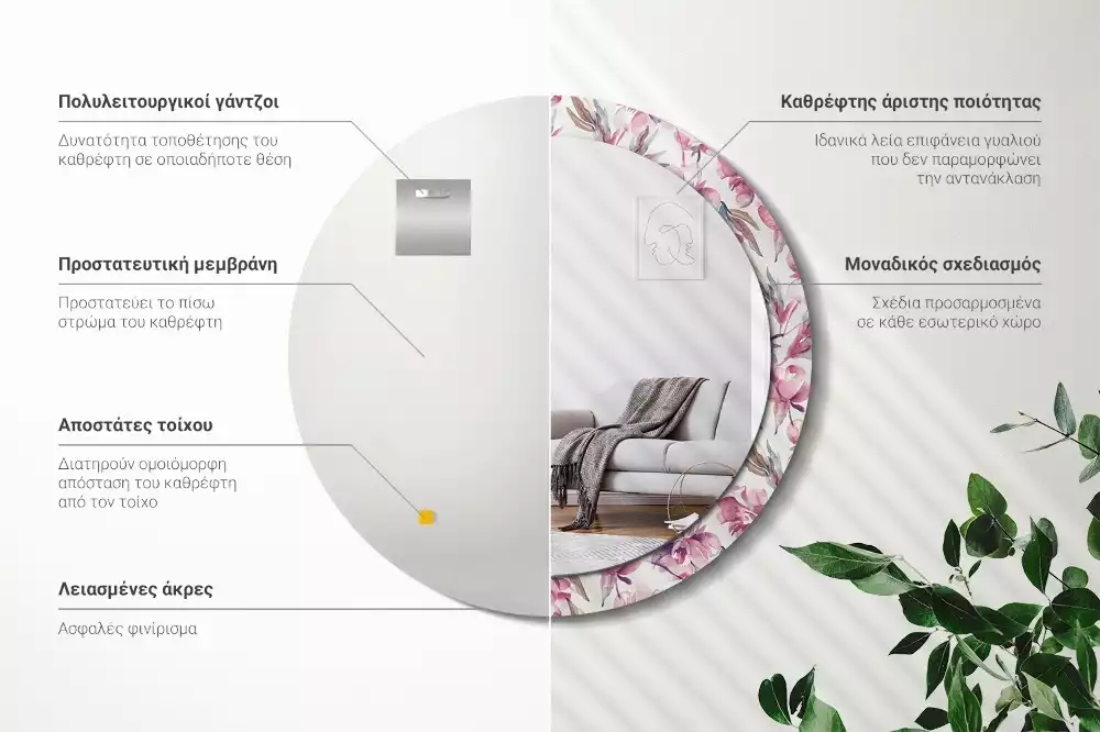 Okrúhle zrkadlo s potlačeným rámom Kvety pivoniek