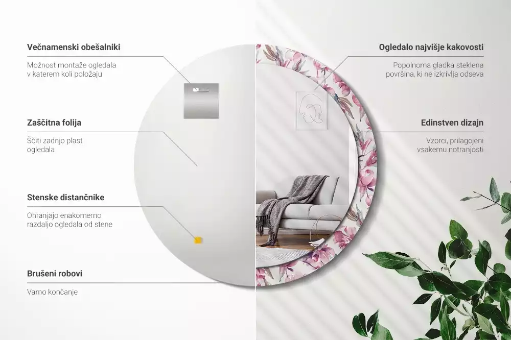 Okrúhle zrkadlo s potlačeným rámom Kvety pivoniek