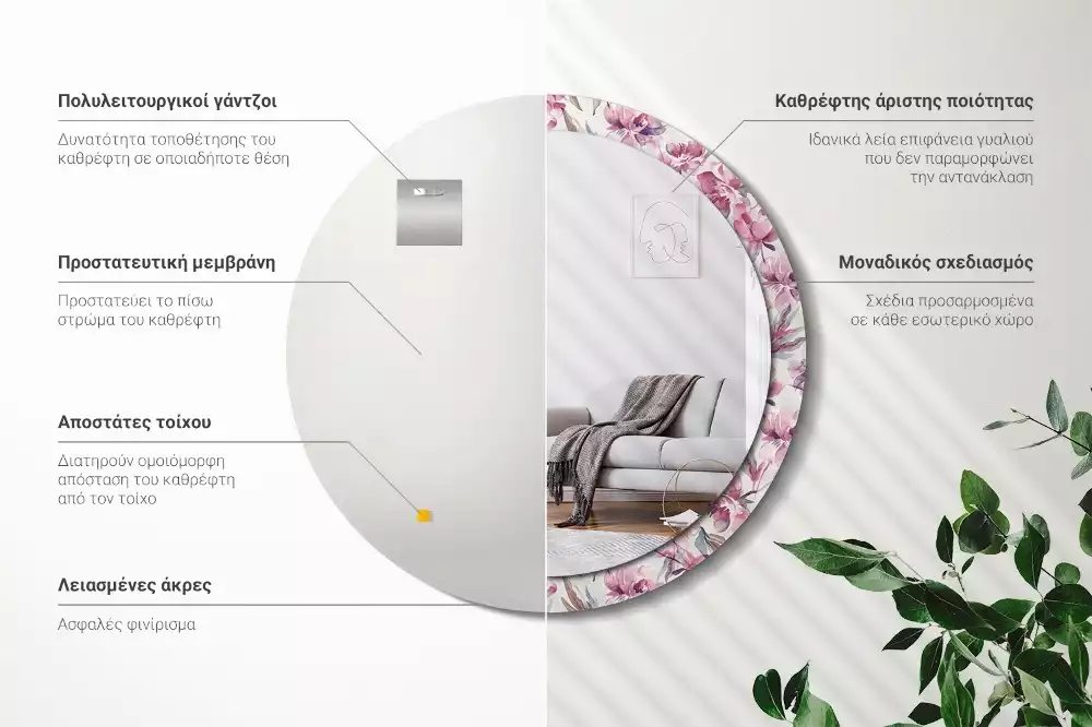 Okrúhle zrkadlo s potlačeným rámom Kvety pivoniek