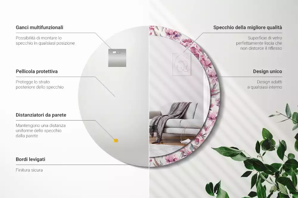 Okrúhle zrkadlo s potlačeným rámom Kvety pivoniek