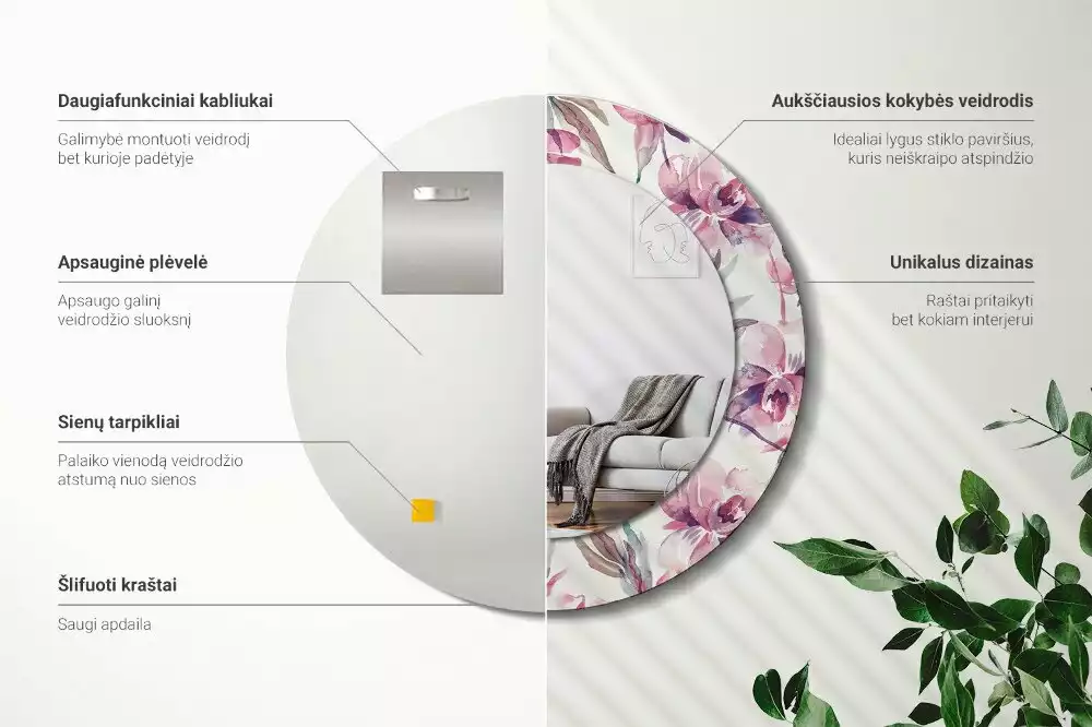 Okrúhle zrkadlo s potlačeným rámom Kvety pivoniek