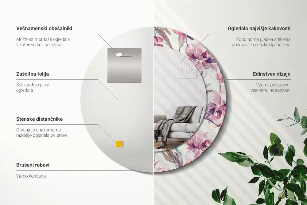 Okrúhle zrkadlo s potlačeným rámom Kvety pivoniek